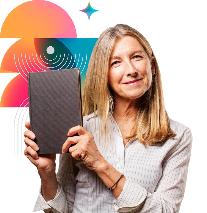 Author holding a published book